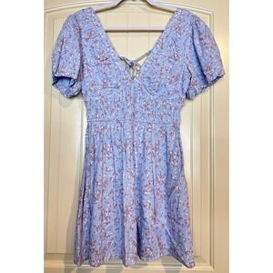 Altar'd State blue Floral babydoll puff-sleeve linen blend dress size S romantic
